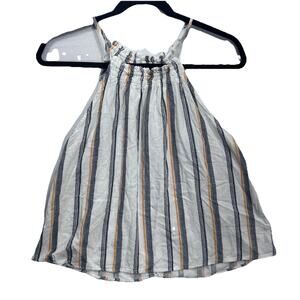 Staccato Halter Top Women Small White Blue Yellow Striped Smocked HighNeck 16744